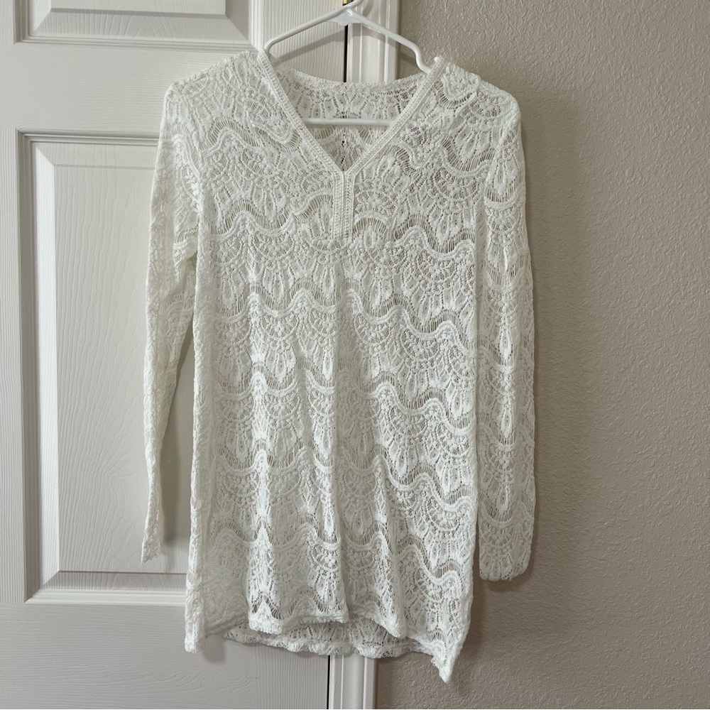Cupshe White Lace Long Sleeve Tunic Top Sheer Boho Beach Cover Up